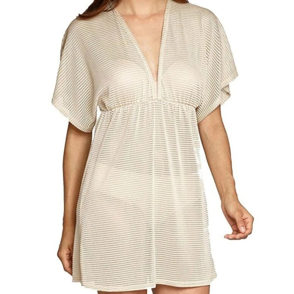 Vtg Jordan Taylor Swim Cover Mesh Cream V-Neck Women S Retro Beach Pool Vacation